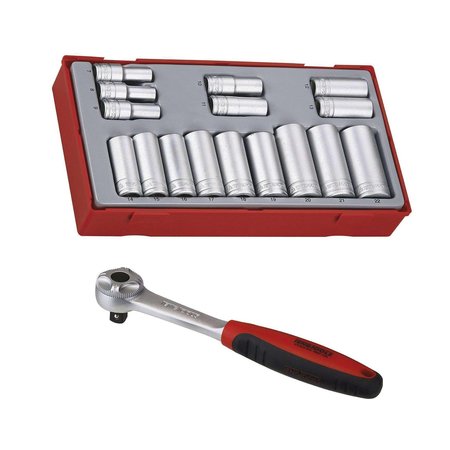 TENG TOOLS 3/8" 16 Piece 6 Point 7 to 22mm Deep Sockets and 72 Teeth Ratchet Set socketratchetbundle